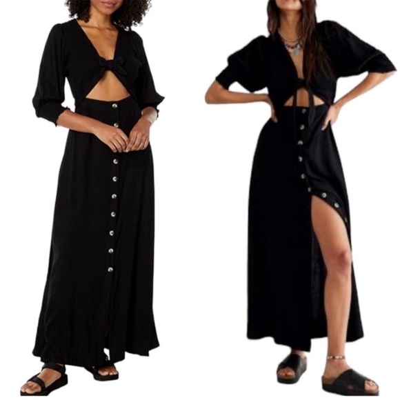 Free People Tie Front String of Hearts Maxi Dress Boho Black size large - Picture 1 of 14